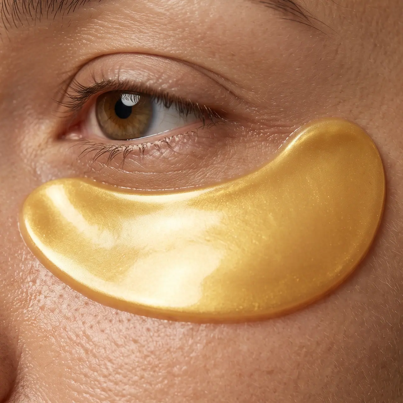 A gold hydrogel crescent moulded under an eye, its whole outline in frame.